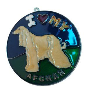 Vintage 1990s Handmade Stained Glass I love my Afghan Dog Suncatcher Ornament